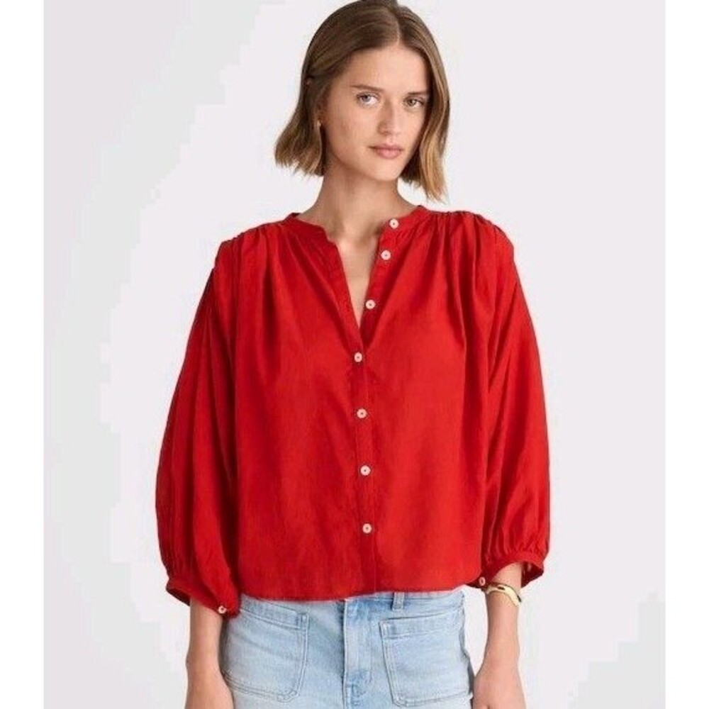 Madewell Shirred 3/4 Puff Sleeve Crewneck Button Up Top Red Size Small #NU464